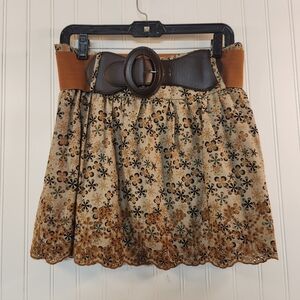 Blue Asphalt Women's Brown Floral Eyelet Hem Skirt Size L Romantic Airy Feminine